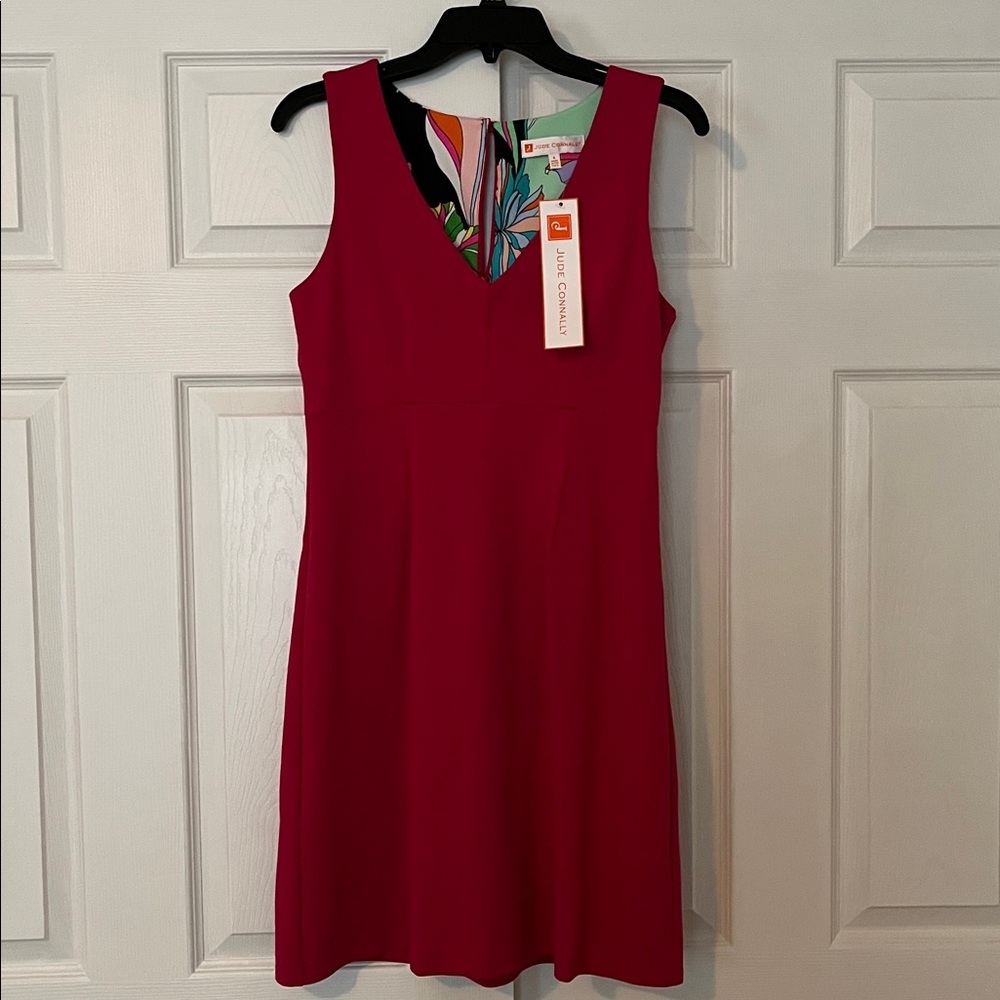 NWT Jude Connally Dark Fuchsia Naomi Ponte Sleeveless V-neck Sheath Dress sz S - Picture 4 of 13